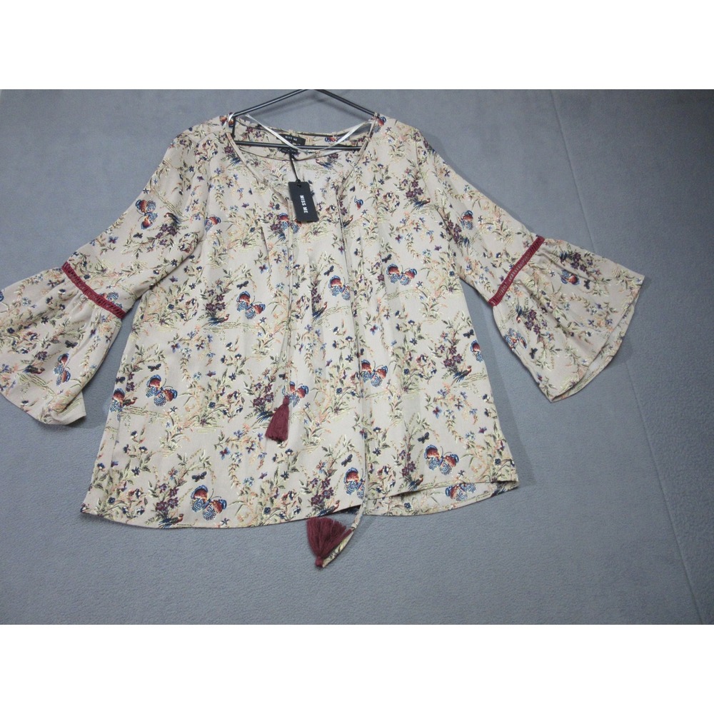 Miss Me Blouse Womens Large Beige Floral Butterfly Bell Sleeve Boho Taupe V Neck